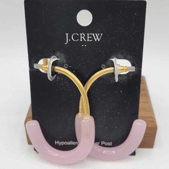 J Crew Factory Pink Resin Gold Tone Half Hoop Studs NWT! - Picture 1 of 4